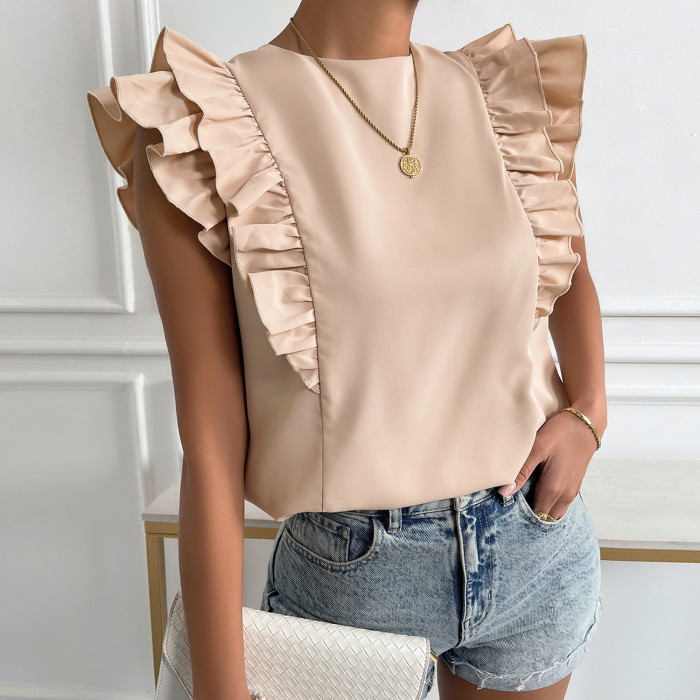 Women's Fashion Round Neck Solid Color Fungus Sleeve Lace-Up Blouses Shirts