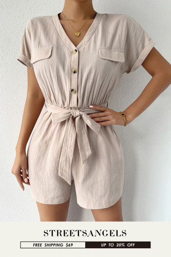Women's Fashion Simple Belt Short Sleeve Solid Color Cotton  Rompers