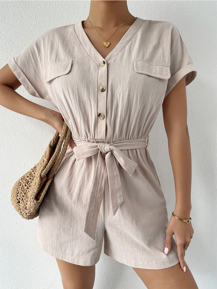 Women's Fashion Simple Belt Short Sleeve Solid Color Cotton  Rompers