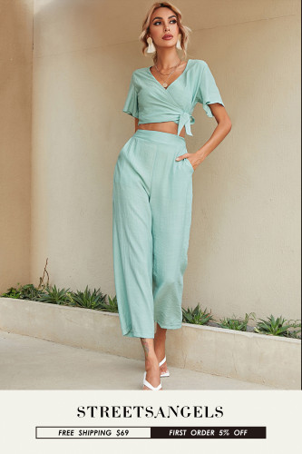 Solid V-Neck Tie Ruffle Sleeves Cropped Wide Leg Two Pieces