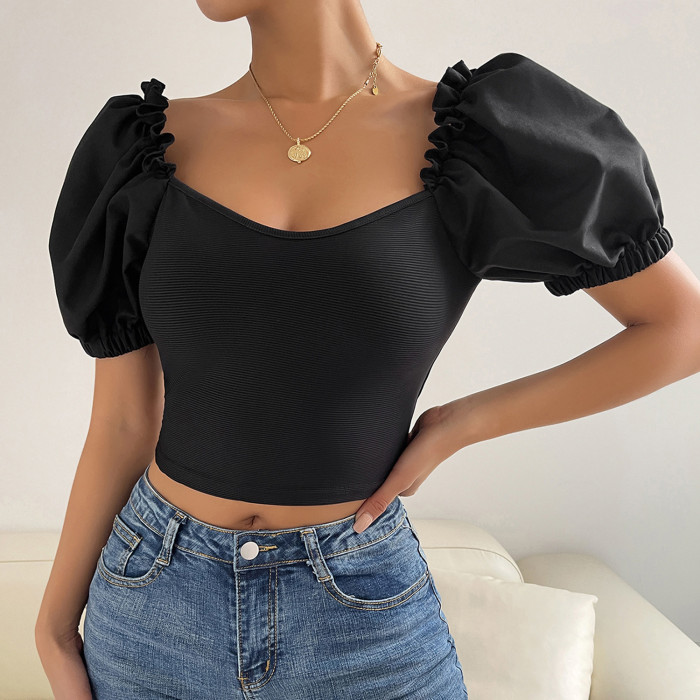 Women's Fashion Sexy Solid Color Slimming Puff Sleeve Navel Blouse