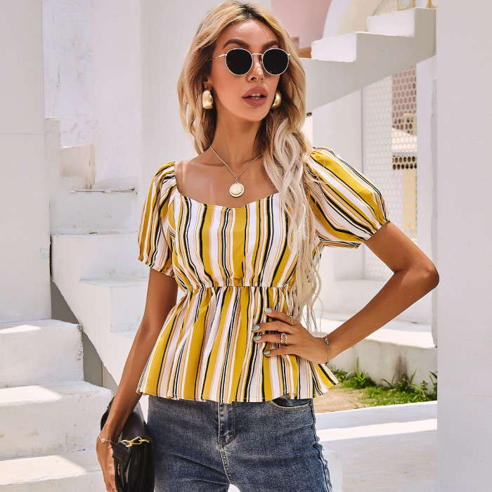 Women's Casual V-Neck Fashion Stripe Print Blouse Shirts