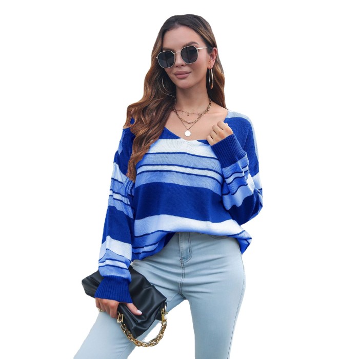 Women Striped Splicing Color V Neck Loose Sweaters