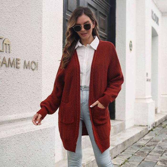 Women's Retro Pocket Twist Long Knitted Loose Cardigan