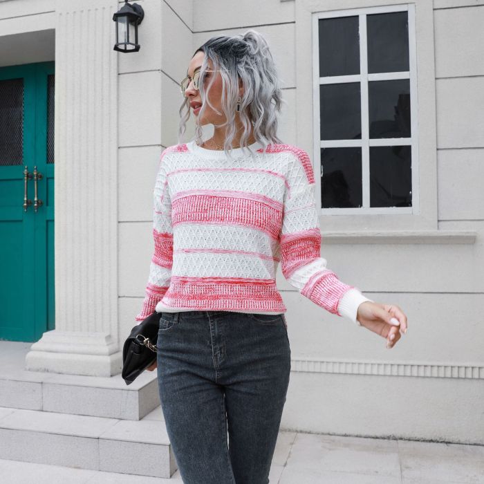 Women Autumn Casual Vintage Striped Knitted Sweater