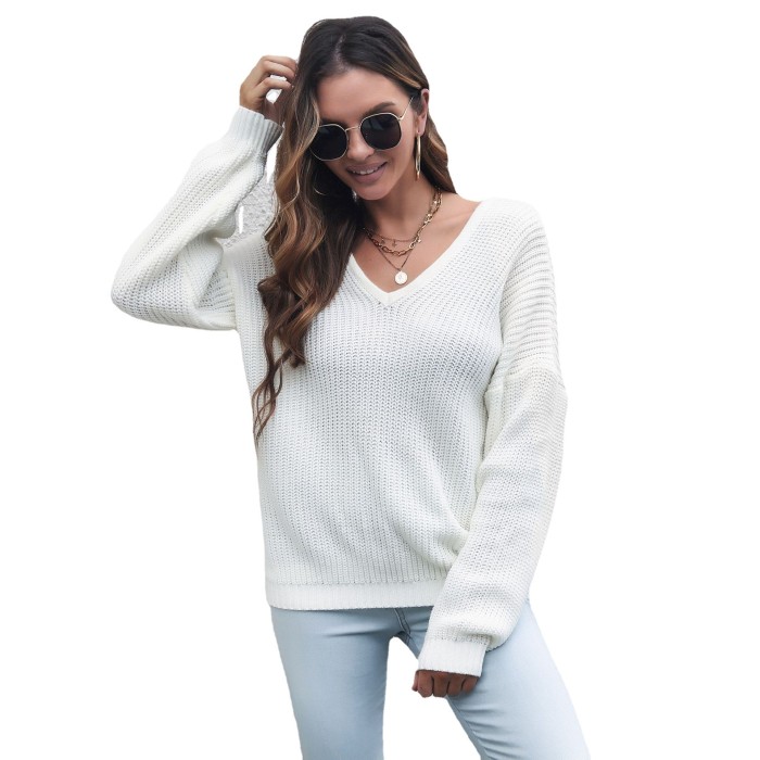 Women Chic Basic Style V-neck Loose Sweaters