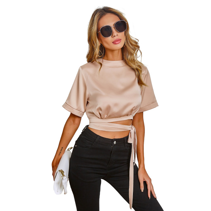 Fashion Solid Color Sexy Cutout Bandage Cropped Navel Party Women's Blouse Shirts