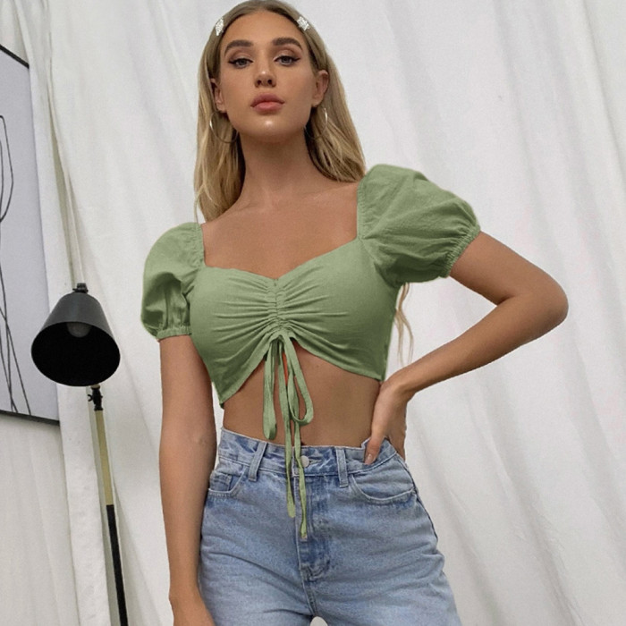 Elegant Sweet Square Neck Drawstring Cropped Slim Fit Blouses & Shirts