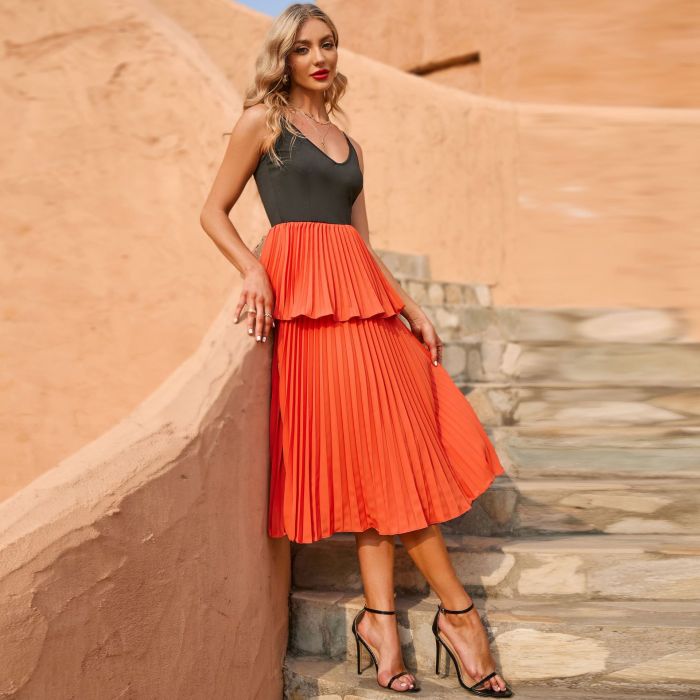 Women Sling Contrast Color Black Pleated  Orange High Waist Midi Dresses