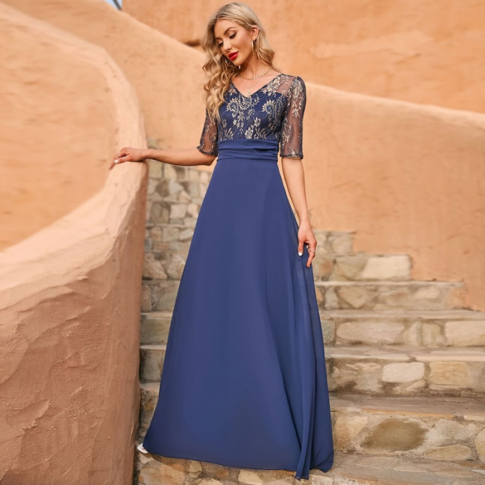 Chiffon Blue Mid-waist Half-sleeve V-neck Maxi Dresses