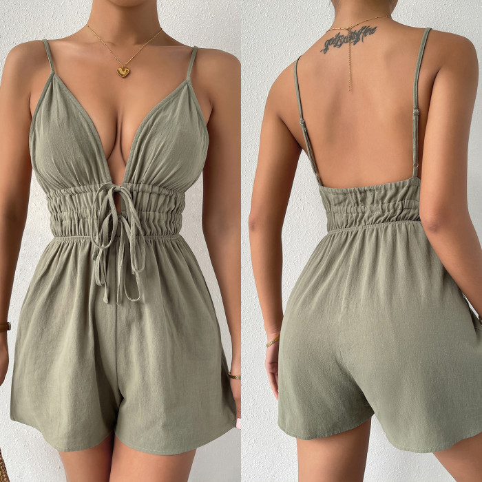 Women's Casual Sexy Backless Deep V Neck Fashion Solid Color Rompers