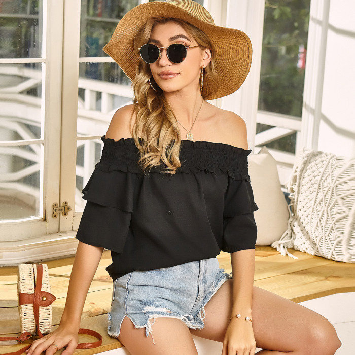 Women's Layered Sexy Off Shoulder Frill Ruffle Solid Color Loose  Blouse Top