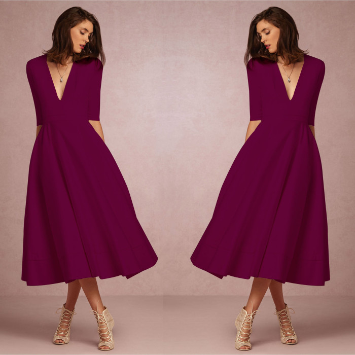 Sexy Deep V Mid Sleeve Swing Solid Color Prom Dresses