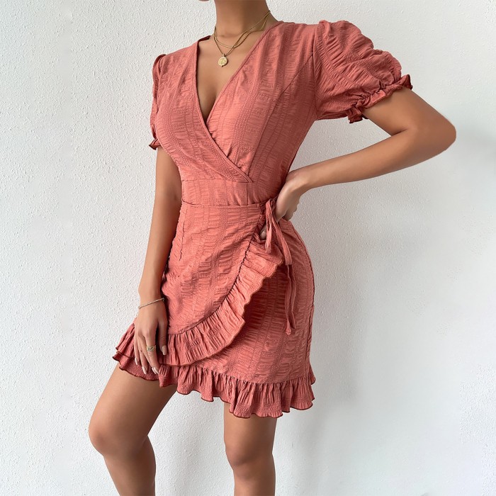 Elegant V Neck Sexy Pleated Fashion Solid Color Party Irregular  Mini Dress