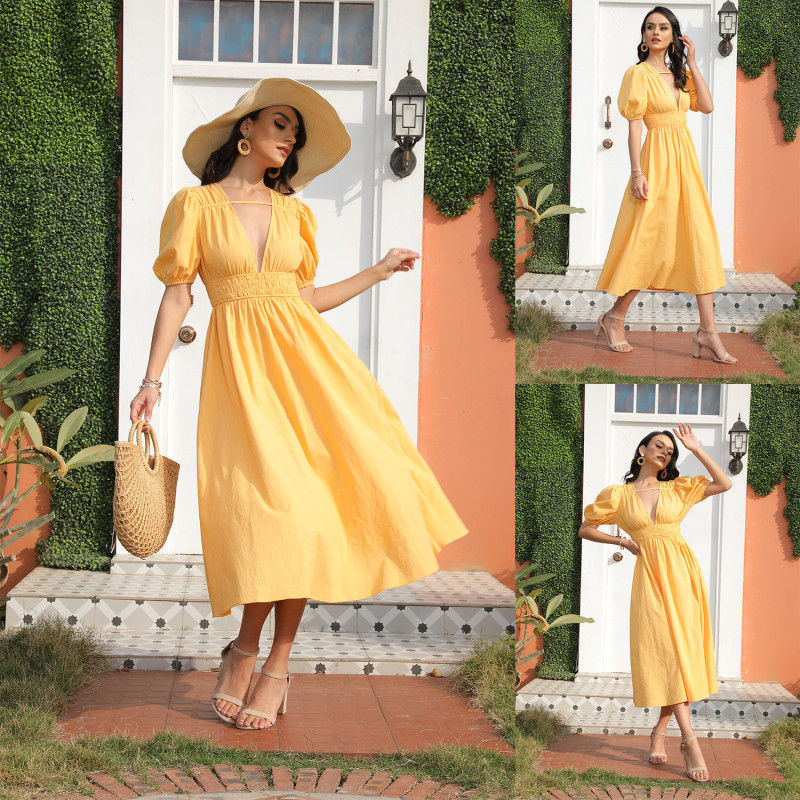Yellow Puff Sleeves Elastic Waist Vacation Midi Dresses
