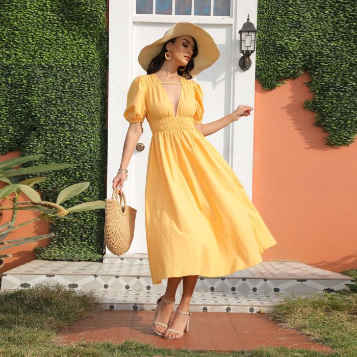 Yellow Puff Sleeves Elastic Waist Vacation Midi Dresses