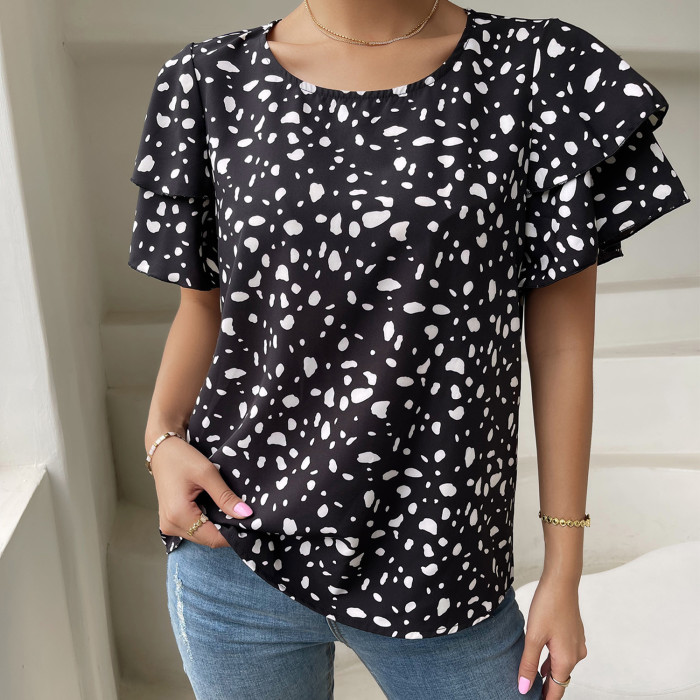Fashion Women O Neck Loose Casual Print Dot Shirts