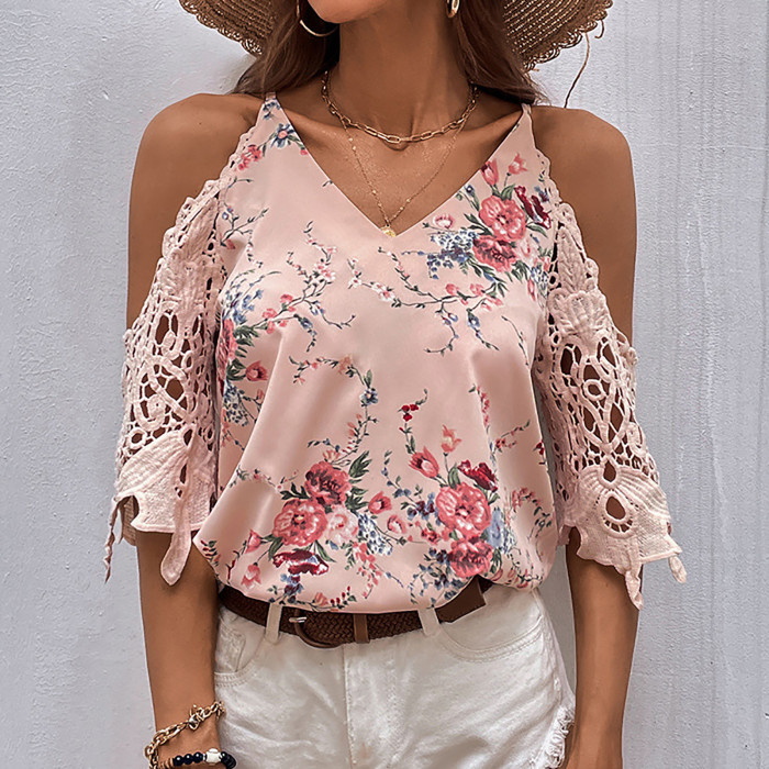 Women's Vintage Casual Printed Lace Off Shoulder Loose Shirts