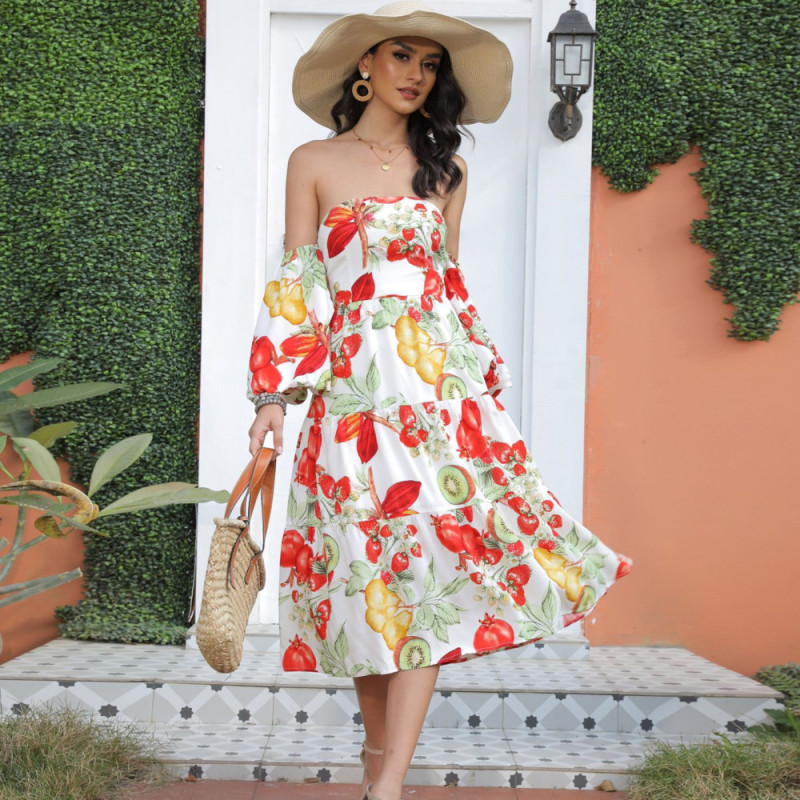Hollow Out Floral Print SexyOut Shoulder Off Long Sleeve Midi Dresses