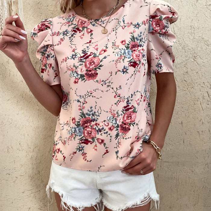 Women's Elegant Crew Neck Printed Puff Sleeves Open Back Shirts