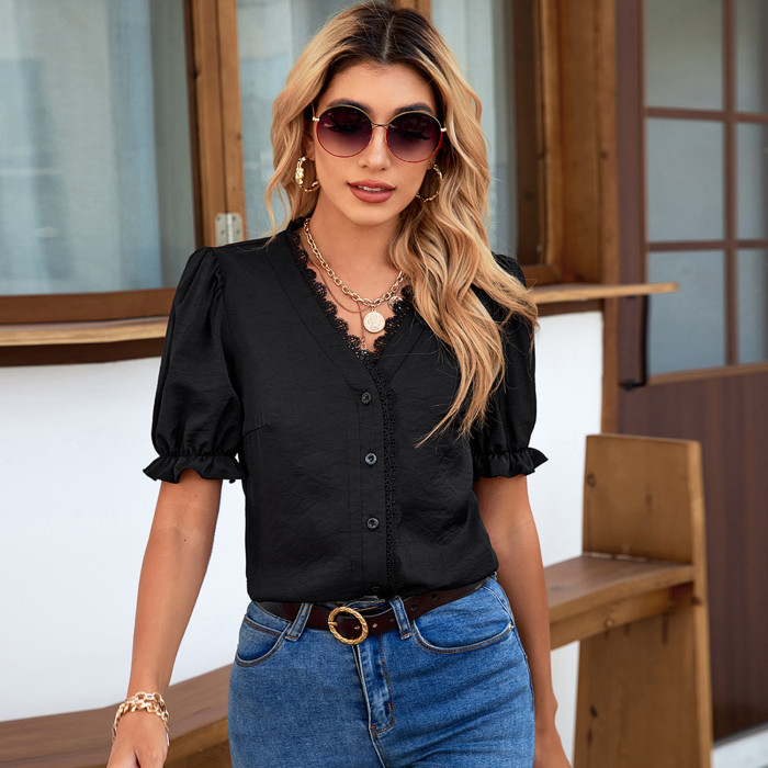 Women's Solid Color Half Sleeve Casual V-Neck Loose Chiffon Shirts