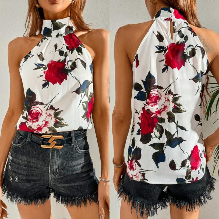 Sexy Casual Sleeveless Off Shoulder Printed Chiffon Halter Women's  Camisole Top