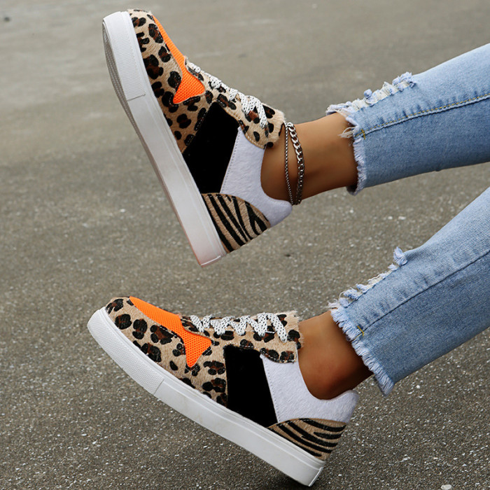 Women Contrast Color Leopard Lace-Up Sneakers