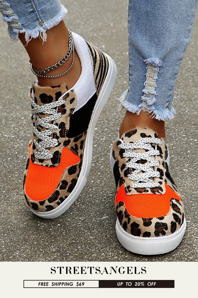 Women Contrast Color Leopard Lace-Up Sneakers