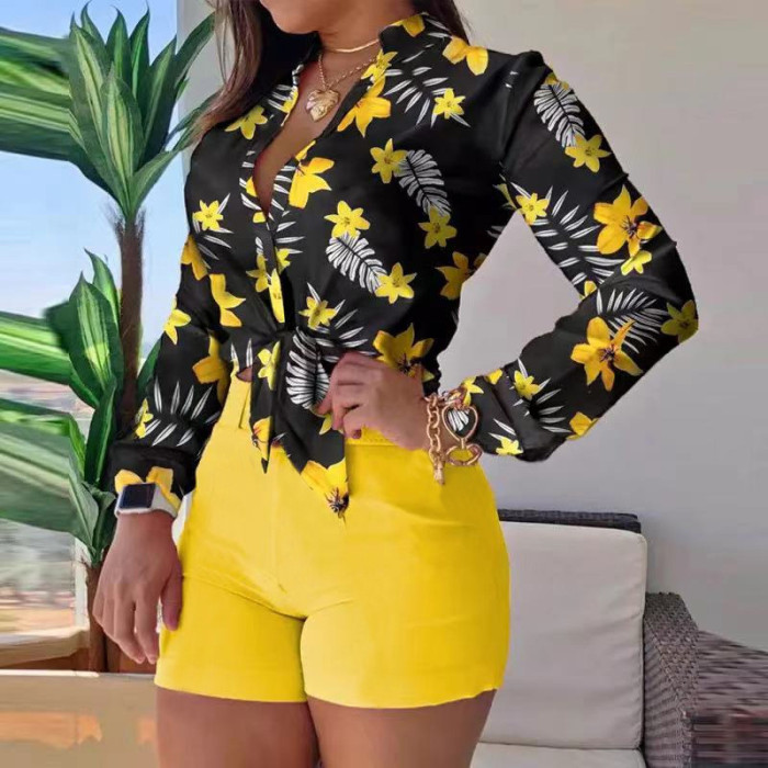 Women's Long Sleeve Printed Tie Knot Top and Shorts Casual Two Pieces