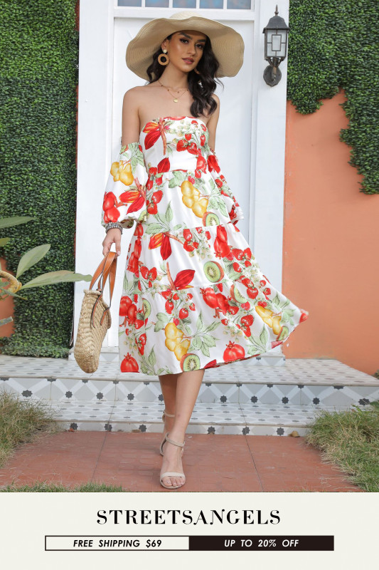 Hollow Out Floral Print SexyOut Shoulder Off Long Sleeve Midi Dresses