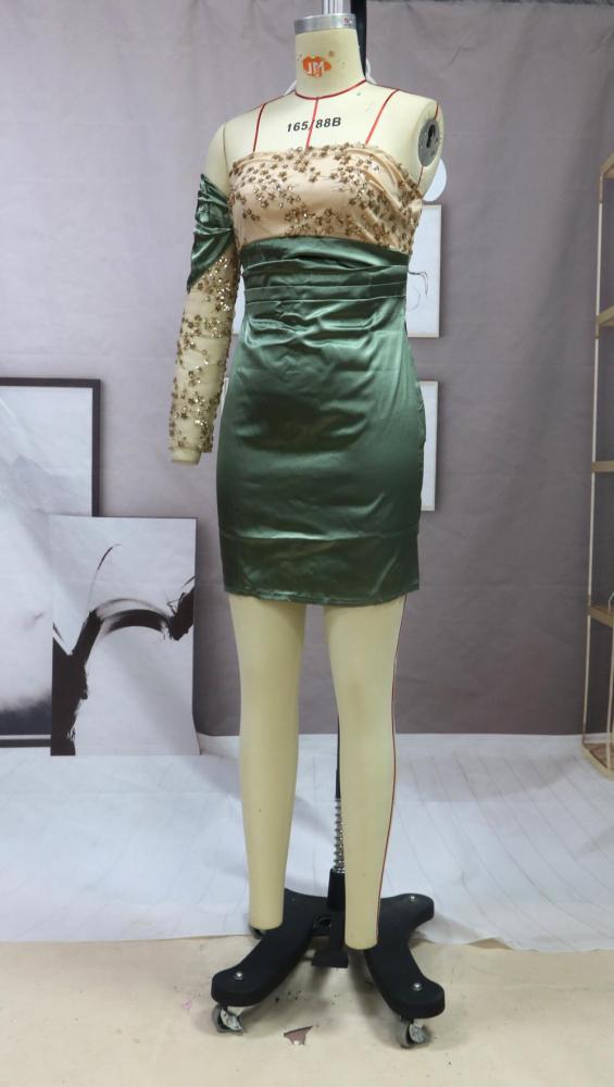 Women's Sequin Pack Hip Asymmetrical Long Sleeve Off Shoulder Pleat Bodycon Dresses