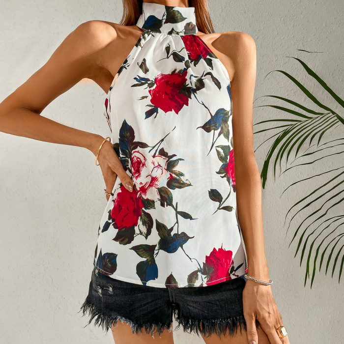 Sexy Casual Sleeveless Off Shoulder Printed Chiffon Halter Women's  Camisole Top