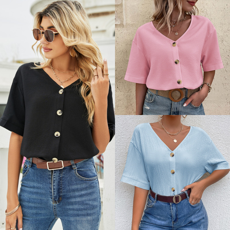 Women's Solid Color Half Sleeve Casual V-Neck Loose Chiffon Shirts