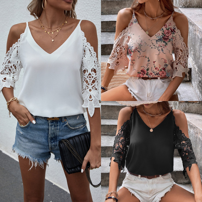Women's Vintage Casual Printed Lace Off Shoulder Loose Shirts