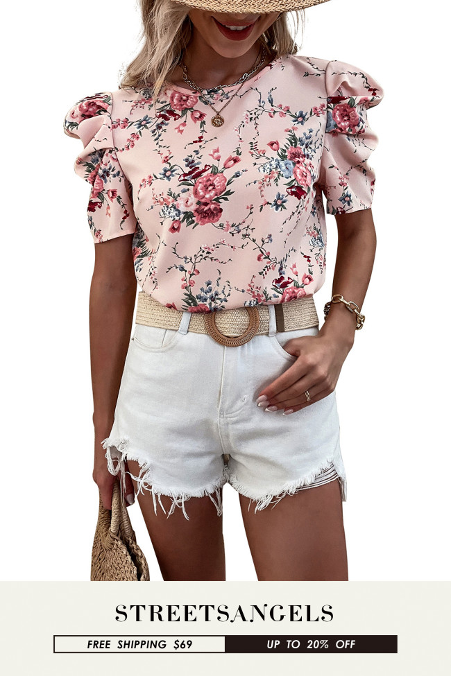 Women's Elegant Crew Neck Printed Puff Sleeves Open Back Shirts
