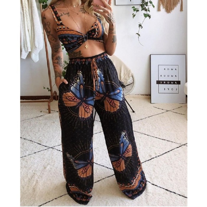 Printed Sexy Tube Top Loose Wide Leg Pants Two-piece