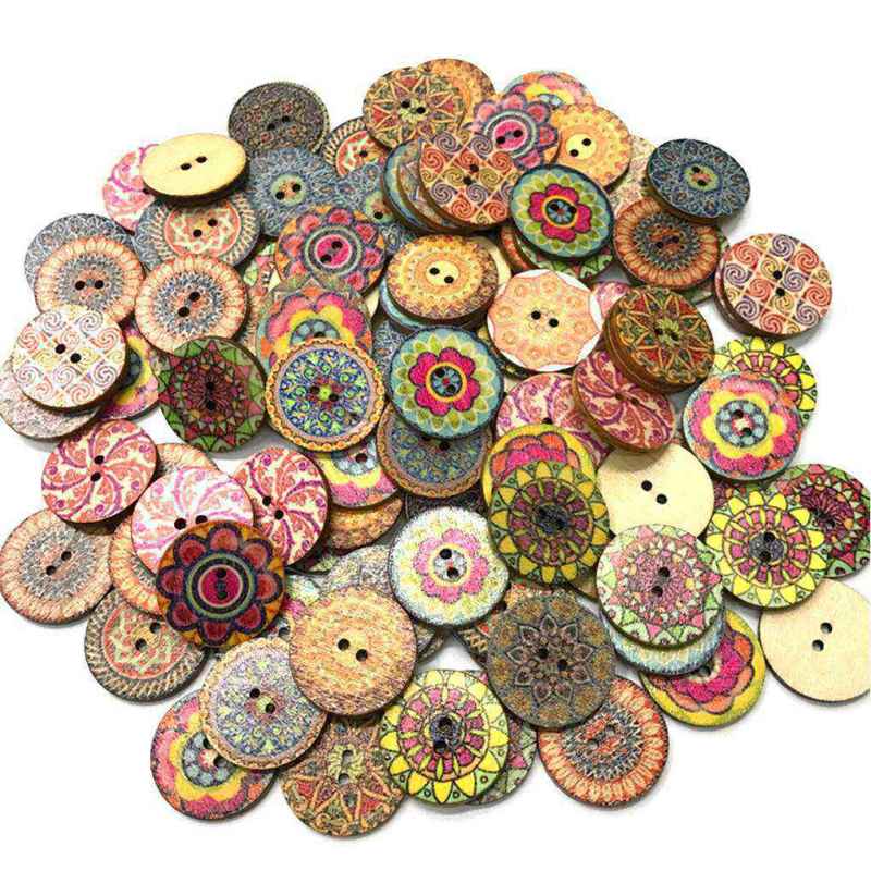 Round Assorted Floral Print Wooden Decorative Buttons  DIY Accessories