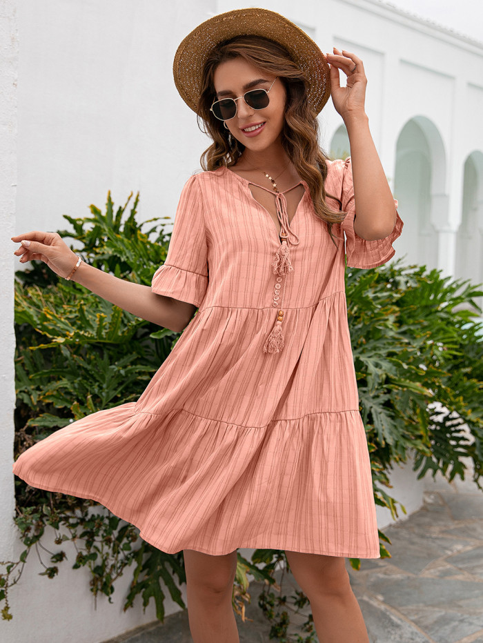 New Women Short Sleeve Loose  A-line Solid Color V-neck Casual Dresses