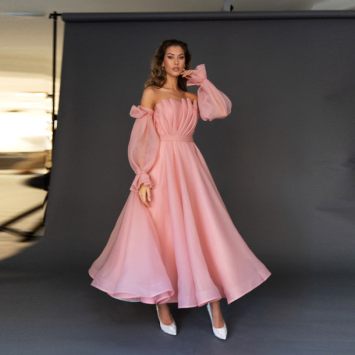 Casual Long Sleeve Strapless High Waist Solid Color Prom Dress