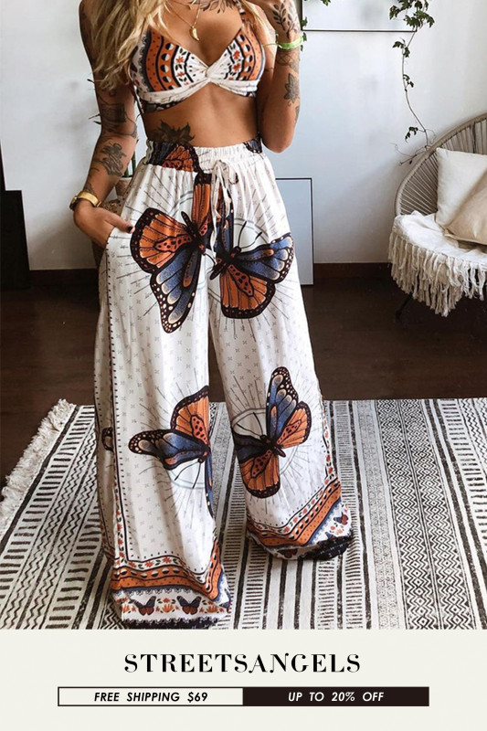 Printed Sexy Tube Top Loose Wide Leg Pants Two-piece