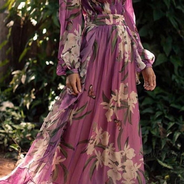 Elegant Floral Print V-Neck Balloon Sleeve Chiffon Boho Chic Maxi Dress