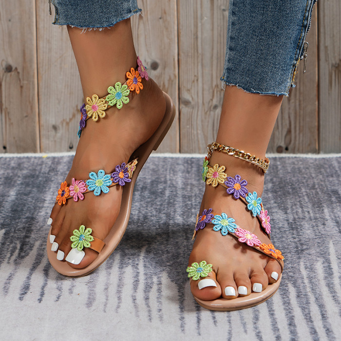 Women's Sweet Boho Colorful Flower Flat Sandals