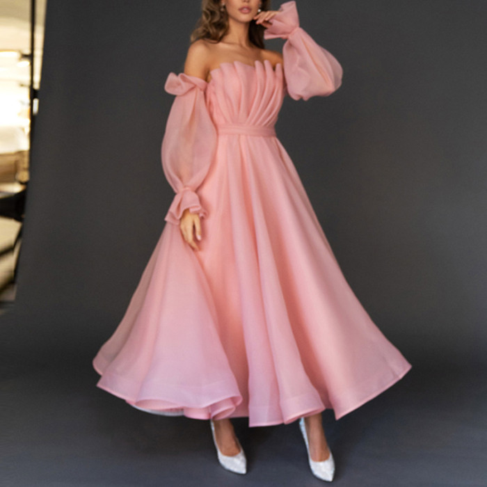 Casual Long Sleeve Strapless High Waist Solid Color Prom Dress