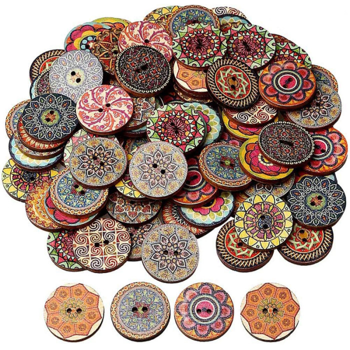 100PCS Wooden Button 2 Holes 2 Eyes Retro Painted Wooden Button  DIY Accessories