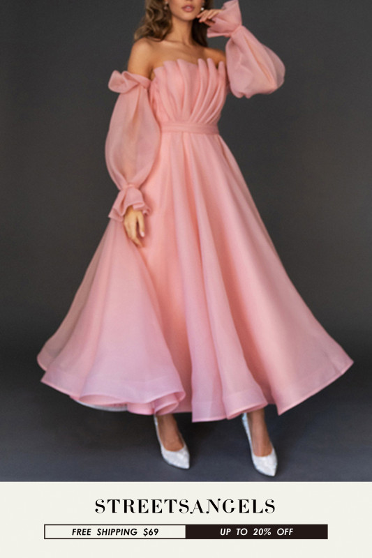 Casual Long Sleeve Strapless High Waist Solid Color Prom Dress