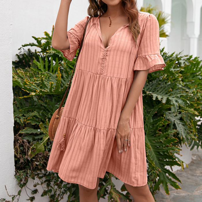 New Women Short Sleeve Loose  A-line Solid Color V-neck Casual Dresses