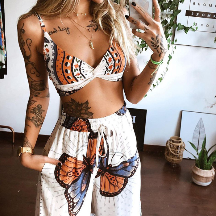 Printed Sexy Tube Top Loose Wide Leg Pants Two-piece
