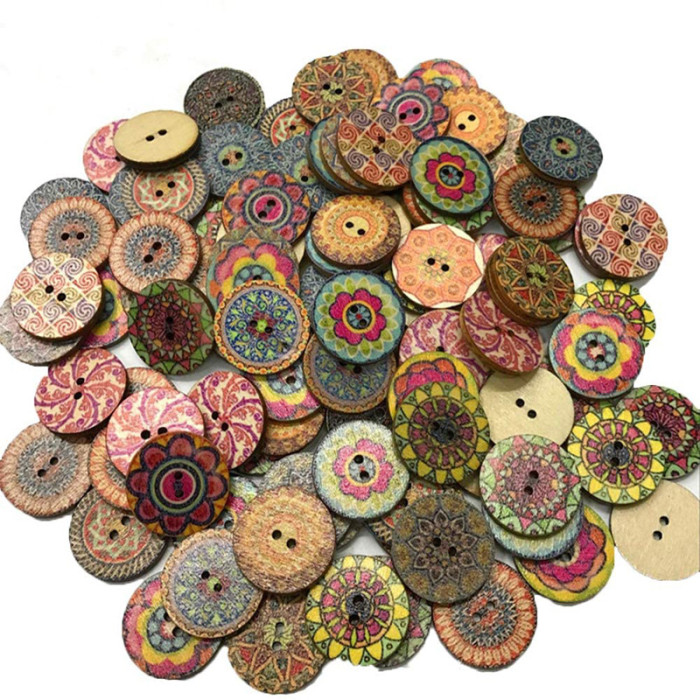 100PCS Wooden Button 2 Holes 2 Eyes Retro Painted Wooden Button  DIY Accessories