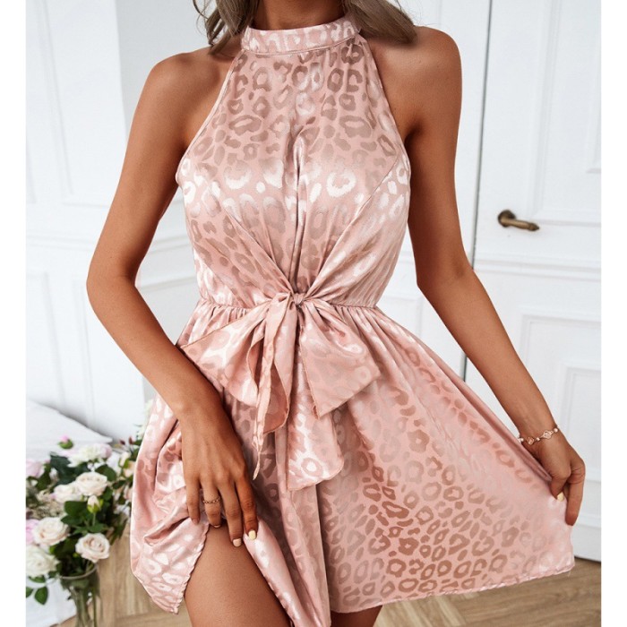 Sweet Pink Satin Elegant Women Sleeveless Ribbon Leopard Print Mini Dresses