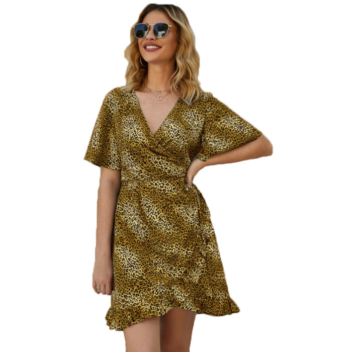 Fashion Leopard Print Short Sleeve High Waist V-neck Casual Dresses